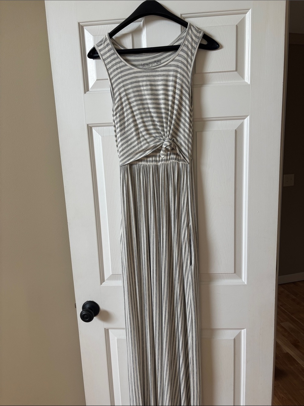Latched Mama Gray and White Striped Sleeveless Knot-Front Maxi Dress